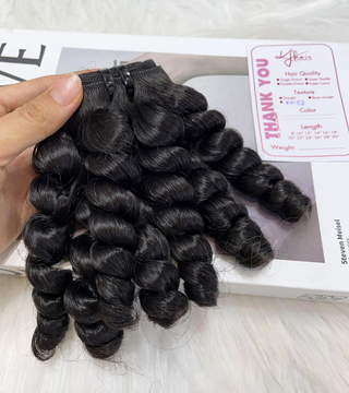 Natural Black Color Ring Curly Remy Human Hair Weft KF52