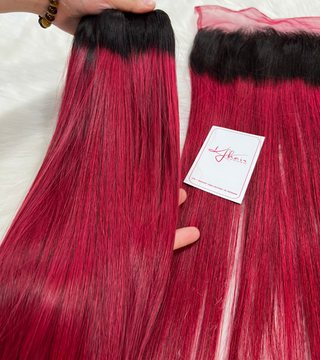 Set 2 Bundles 24 inches and Frontal 13X4 20 inches Double Drawn Bone straight Ombre Red Color Hair