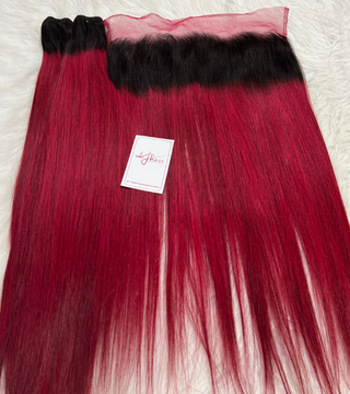 Set 2 Bundles 24 inches and Frontal 13X4 20 inches Double Drawn Bone straight Ombre Red Color Hair