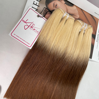 Ombre Gold Brown Color Bone Straight Remy Human Hair Weft KF28