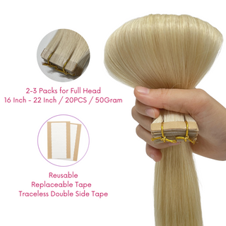#60 Platinum Blonde Color Straight Normal Tape In Hair Extensions